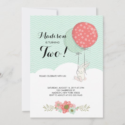 Schattige witte konijn met ballonnen verjaardagsfe kaart (Voorkant)