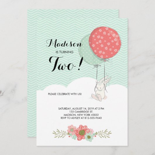 Schattige witte konijn met ballonnen verjaardagsfe kaart (Voorkant / Achterkant)