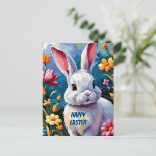 Schattige witte konijn omringd door levendige bloe briefkaart (Staand voorkant)