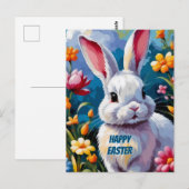 Schattige witte konijn omringd door levendige bloe briefkaart (Voorkant / Achterkant)