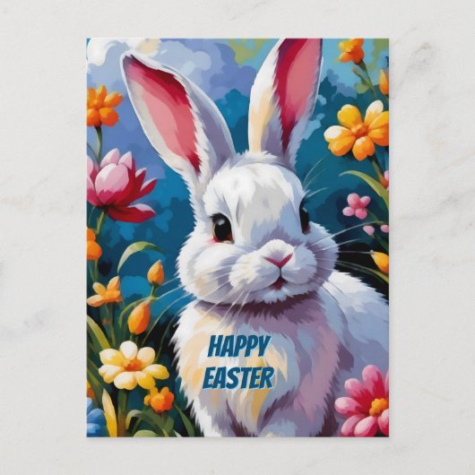 Schattige witte konijn omringd door levendige bloe briefkaart (Voorkant)
