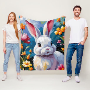 Schattige witte konijn omringd door levendige bloe fleece deken