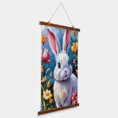 Schattige witte konijn omringd door levendige bloe hangend wandkleed (Gebogen)