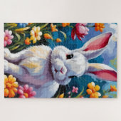 Schattige witte konijn omringd door levendige bloe legpuzzel (Horizontaal)