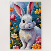 Schattige witte konijn omringd door levendige bloe legpuzzel (Verticaal)