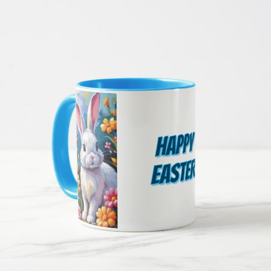 Schattige witte konijn omringd door levendige bloe mok (Voorkant links)