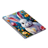 Schattige witte konijn omringd door levendige bloe notitieboek (Rechterzijde)