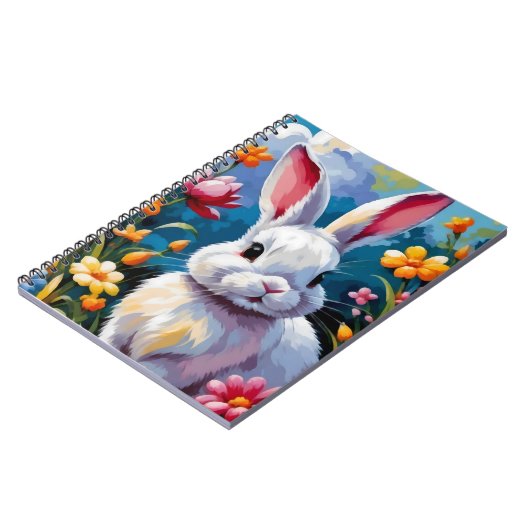 Schattige witte konijn omringd door levendige bloe notitieboek (Linkerzijde)