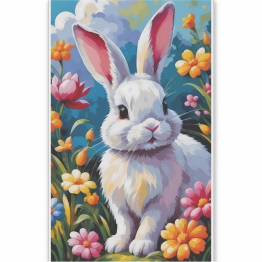 Schattige witte konijn omringd door levendige bloe sticker (Voorkant)