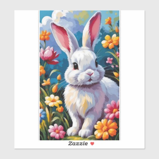 Schattige witte konijn omringd door levendige bloe sticker (Vel)
