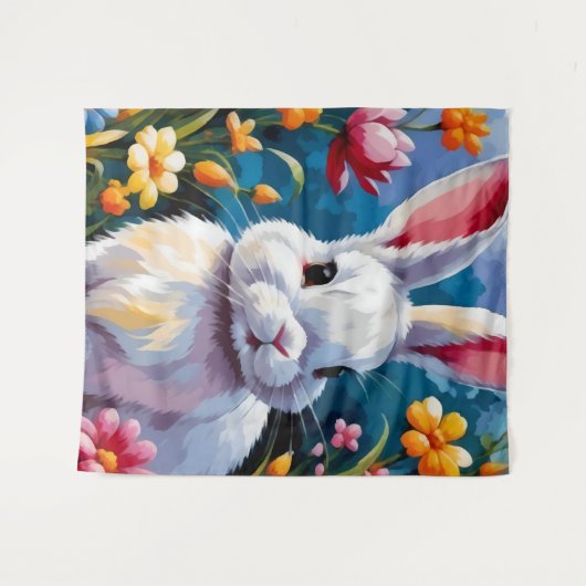 Schattige witte konijn omringd door levendige bloe wandkleed (Voorkant (horizontaal))