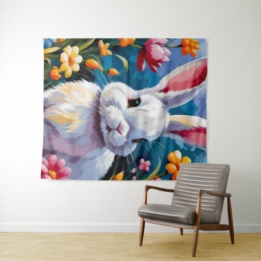 Schattige witte konijn omringd door levendige bloe wandkleed (In Situ (horizontaal))