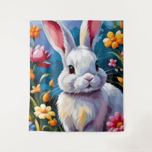 Schattige witte konijn omringd door levendige bloe wandkleed (Voorkant)