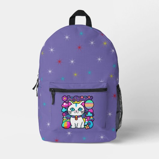 Schattige Witte Kosmische Ruimte Kitty Kat Bedrukte Rugzak (Voorkant)