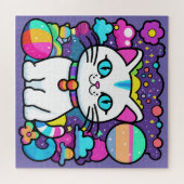 Schattige Witte Kosmische Ruimte Kitty Kat Legpuzzel (Horizontaal)