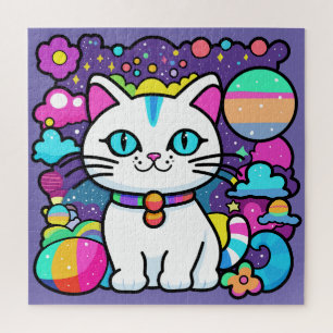 Schattige Witte Kosmische Ruimte Kitty Kat Legpuzzel