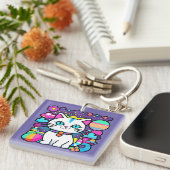 Schattige Witte Kosmische Ruimte Kitty Kat Sleutelhanger (Voorkant Rechts)