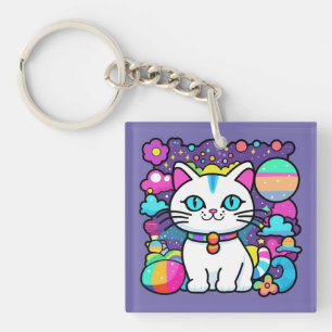 Schattige Witte Kosmische Ruimte Kitty Kat Sleutelhanger