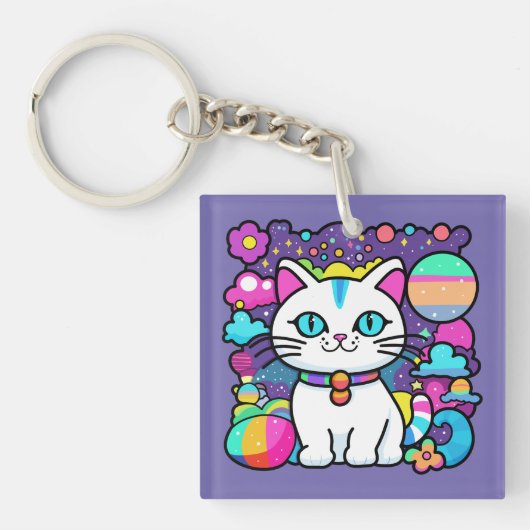 Schattige Witte Kosmische Ruimte Kitty Kat Sleutelhanger (Voorkant)
