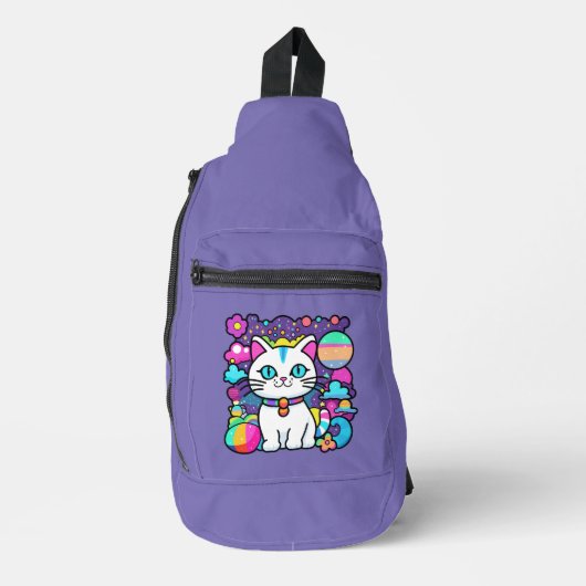 Schattige Witte Kosmische Ruimte Kitty Kat Sling Bag (Voorkant)