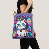 Schattige Witte Kosmische Ruimte Kitty Kat Tote Bag (Dichtbij)