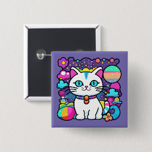 Schattige Witte Kosmische Ruimte Kitty Kat Vierkante Button 5,1 Cm