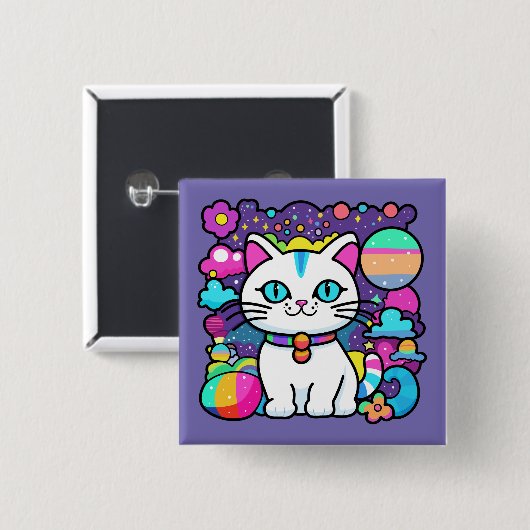 Schattige Witte Kosmische Ruimte Kitty Kat Vierkante Button 5,1 Cm (Voorkant /achterkant)