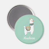 Schattige Witte Lama Mintgroene Monogram Naam Magneet (Voorkant / Achterkant)