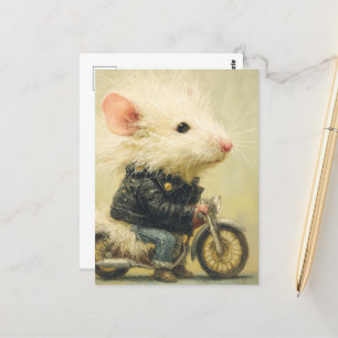 Schattige witte muis op een motorfiets briefkaart