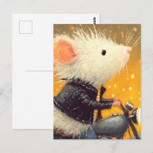 Schattige witte muis op een motorfiets briefkaart