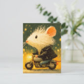 Schattige witte muis rijden op een motor briefkaart (Staand voorkant)