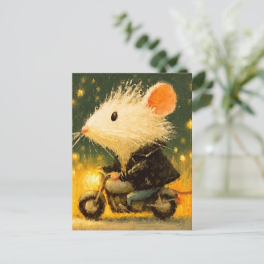 Schattige witte muis rijden op een motor briefkaart (Staand voorkant)