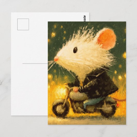 Schattige witte muis rijden op een motor briefkaart (Voorkant / Achterkant)