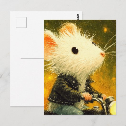Schattige witte muis rijden op een motorfiets in h briefkaart (Voorkant / Achterkant)