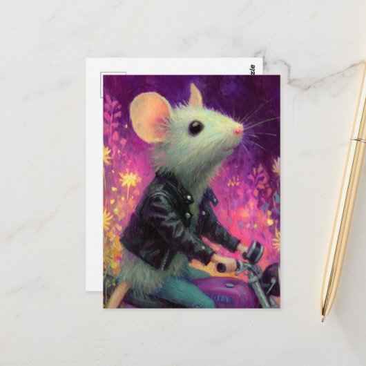 Schattige Witte Muis Rijdend op een Motercycle in  Briefkaart (Voorkant / Achterkant in situ)