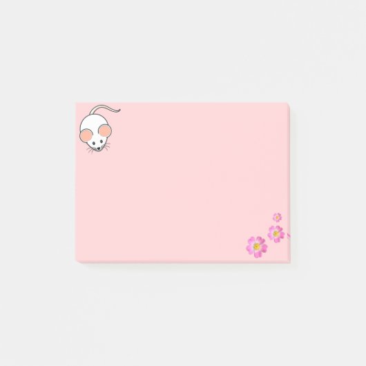 Schattige witte muis & roze bloemen op roze post-it® notes (Voorkant)