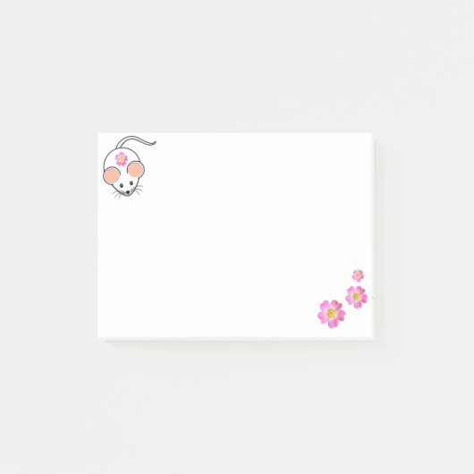 Schattige witte muis & roze bloemen op wit post-it® notes (Voorkant)