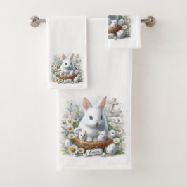 Schattige Witte Paashaasjes, Madeliefjes en Kruis Bad Handdoek