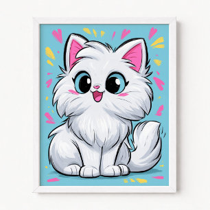 Schattige Witte Perzische Kat Pop Art Cartoon Poster