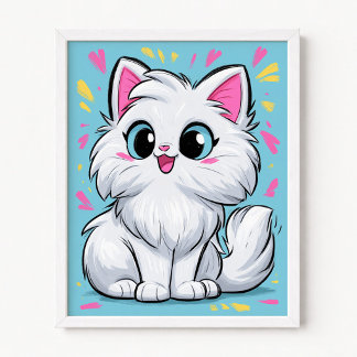 Schattige Witte Perzische Kat Pop Art Cartoon Poster
