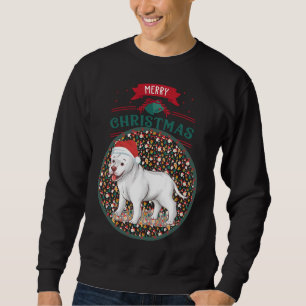 Schattige witte pitbull met sinterklaasmuts vrolij trui