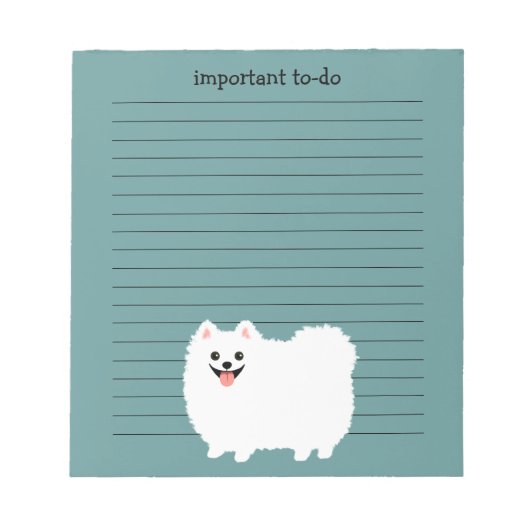 Schattige Witte Pomeranian met Aangepaste Tekst Notitieblok (Voorkant)