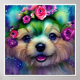 Schattige Witte Puppy met Bloemen in Haar Kop  Poster