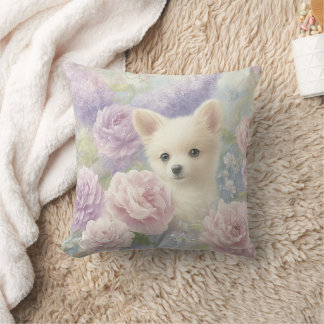 schattige witte puppy met bloemen kussen