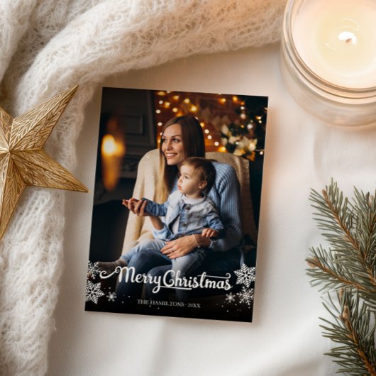 Schattige witte script foto Sneeuwvlok Kerstmis Briefkaart