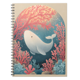 Schattige witte walvis in koraalrif kunst notitieboek