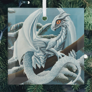 Schattige Witte Winter Draak Sneeuwige Dennenboom Glas Ornament