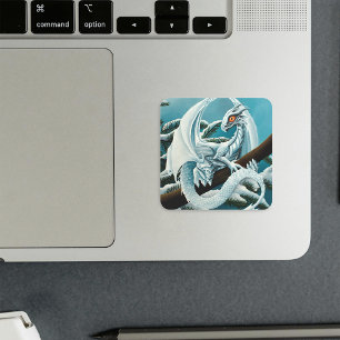 Schattige Witte Winter Draak Sneeuwige Dennenboom Vierkante Sticker