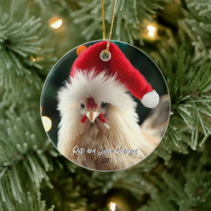 Schattige Witte Zijdehoen in Kerstmanhoed Kerstmis Keramisch Ornament
