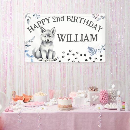 Schattige wolf cub twee wild happy birthday party spandoek (Feest)